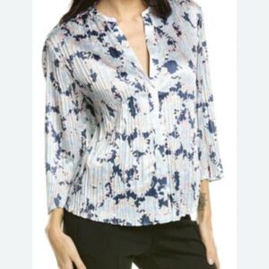 Vince White and Blue Pleated Blouse with Mandarin Collar